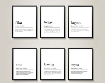 Fika, Hygge, Lagom, Sisu, Koselig, Mysa  Definition set of 6,  Nordic Definition, Scandinavian Definition, Nordic Decor, Swedish Decor,