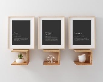 Fika, hygge, lagom  definition set of 3,  Nordic definition, Scandinavian definition, Nordic decor, Swedish decor,  gift for her on sale