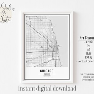 Carte de Chicago, carte de Chicago, Illinois, impression de carte de Chicago, carte de l'Illinois, impression de carte des États-Unis, carte noir et blanc de Chicago, Illinois, Chicago