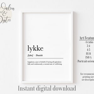 Lykke Definition Wandkunst für Wohnungseinweihung, Lykke Poster, Definition Druck, Skandinavische Dekoration, Skandinavische Dekoration, Lykke Druck, Dänisches Poster