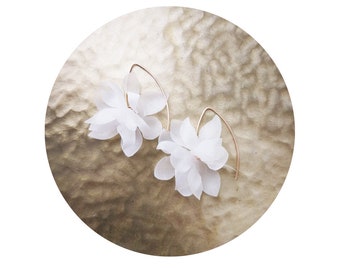 Sapahar - Bridal silk flower hook earrings, Bridal earrings, Wedding flower hook earrings, Floral gold hook earrings,bridal hook earrings