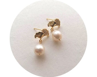Ginkgo - Pendientes de novia con perlas de agua dulce, joyas de boda de perlas, pendientes de novia, pendientes de perlas cultivadas, pendientes minimalistas