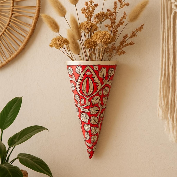 Ręcznie malowane ceramiczne donice ścienne – zestaw 4 sztuk, inspirowane sztuką ludową