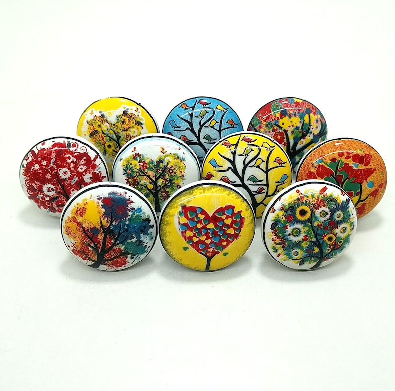Pomelli in ceramica multicolore fatti a mano a forma di albero, ferramenta per cassetti e armadietti Style 01