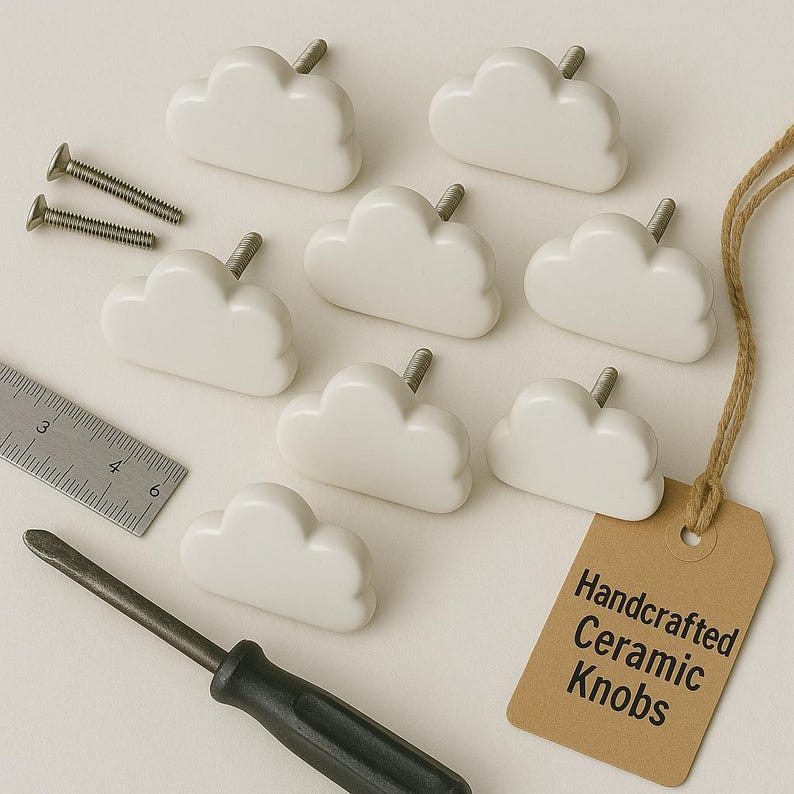 Handpainted White Cloud Ceramic Knobs, Drawer Pulls image 1