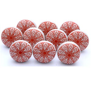 Red and White Floral Ceramic Knobs, Handmade Furniture Hardware