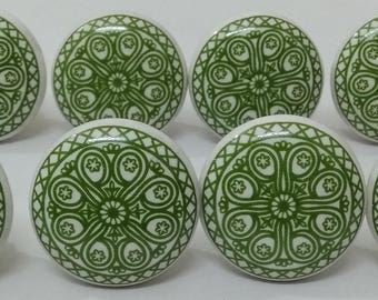 Green & White Ceramic Knobs: Kitchen Cabinet Drawer Pulls