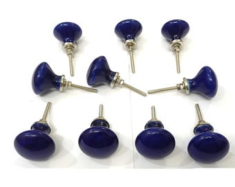 ネイビーブルーのセラミックノブ、手作りのキッチンキャビネット金具