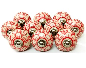 Red Flower Ceramic Knobs, Handpainted Cabinet Hardware