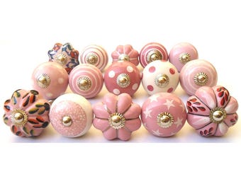 Handpainted Pink Ceramic Knobs, Assorted Decorative Drawer Pulls