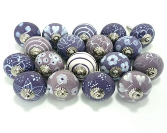 Hand Painted Purple Ceramic Knobs, Assorted Cabinet Drawer Pulls