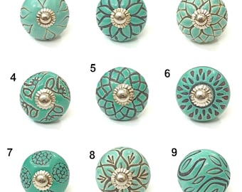 Sea Green Vintage Hand Carved Ceramic Cabinet Knobs, Decorative Hardware Kitchen Cabinet Drawer Pulls