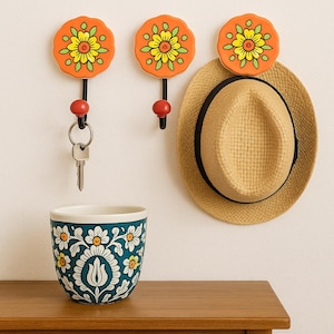Lot of 3 Orange Ceramic Hooks Handpainted Hooks Bathroom Hooks Decorative Hooks Kitchen Wall Hooks Coat Hangers Towel Hanger Colorful Hooks