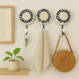 Lot of 3 Blue Ceramic Hooks Handpainted Hooks Bathroom Hooks Decorative Hooks Kitchen Wall Hooks Coat Hangers Towel Hanger Colorful Hooks