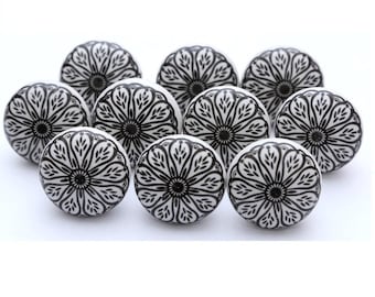 Boutons en céramique floral noir et blanc, matériel de meubles fait main