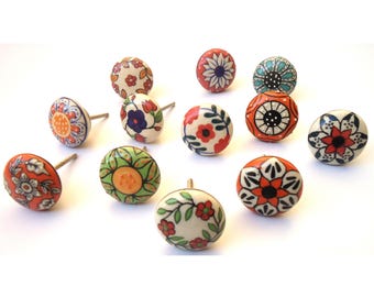 Handpainted Ceramic Knobs, MultiColor Flower Design, Cabinet Drawer Pulls
