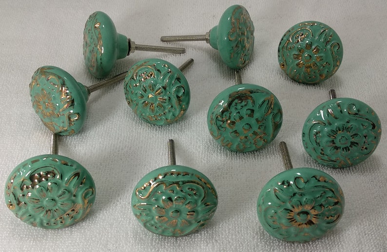 Sea Green Golden Ceramic Knobs Handmade Ceramic Door Knobs Kitchen