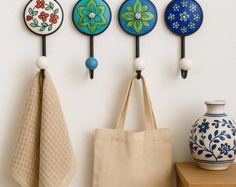 Multicolor Assorted Ceramic Wall Hooks Handpainted Wall Hooks Metal Hanging For Towels Clothes Coat Hooks Hanging Hooks