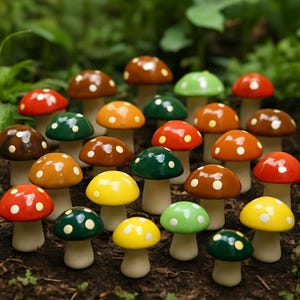 Handmade Ceramic Mushroom Figurines — Colorful Toadstool Miniatures, Whimsical Fairy Garden & Cottagecore Home Decor
