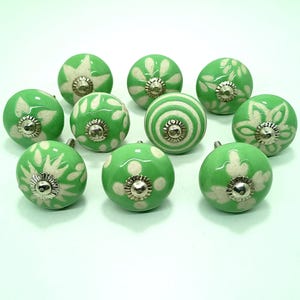 Green Ceramic Knobs - Handmade Vintage Floral Cabinet Hardware