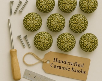 Olive Green Handpainted Ceramic Knobs, Vintage Floral Hardware
