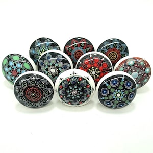 Handmade Multi Color Ceramic Cabinet Knobs, Mandala Design