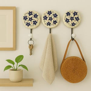 Lot of 3 Blue Ceramic Hooks Handpainted Hooks Bathroom Hooks Decorative Hooks Kitchen Wall Hooks Coat Hangers Towel Hanger Colorful Hooks