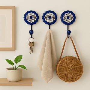 Handpainted Ceramic Wall Hook: Floral Blue & White, Metal Hanger