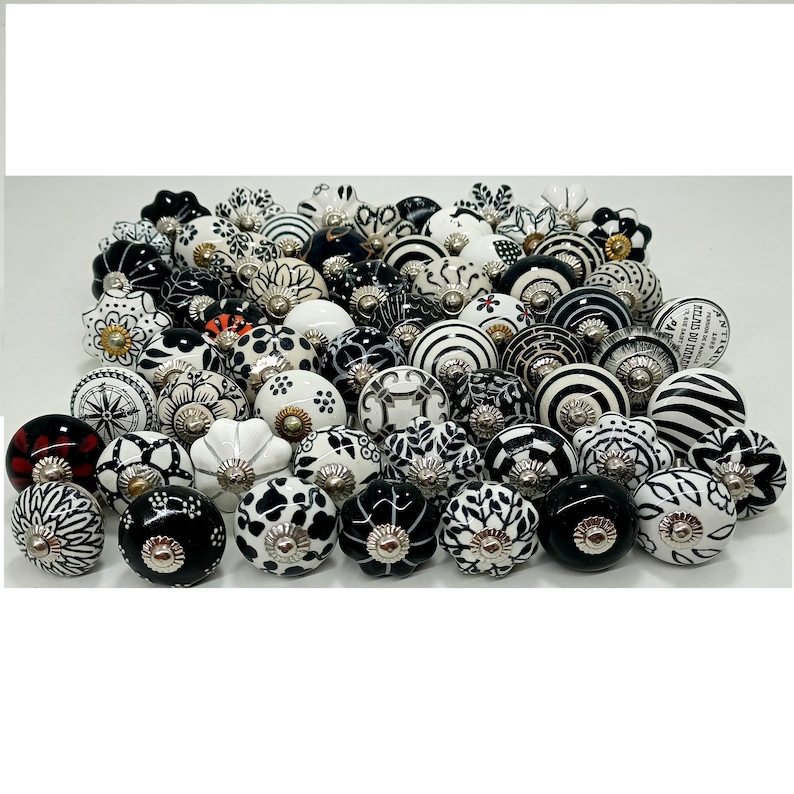 手作りの黒と白のセラミックノブ、ペイントされた引き出しの取っ手 画像 2