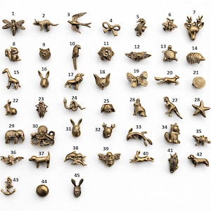 Puede incluir: Una colección de pequeños dijes metálicos de color bronce en varias formas de animales y objetos. Los dijes incluyen una libélula, un dinosaurio, un pájaro, un lazo, un caballito de mar, una abeja, un ciervo, una ardilla, un oso, un loro, una flor, una mariposa, una tortuga, un erizo, una jirafa, un conejo, un león, un zorro, una estrella de mar y más.