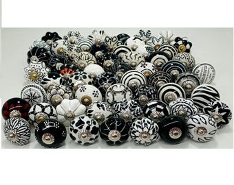 Boutons en céramique noire et blanche peints à la main, poignées de tiroir d'armoire