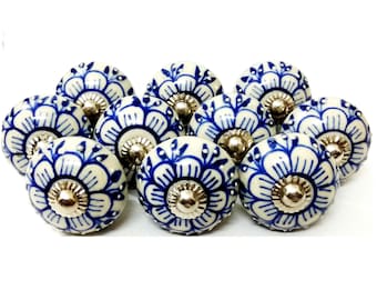 Blue Flower Design Ceramic Knobs, Hand-painted Furniture Hardware