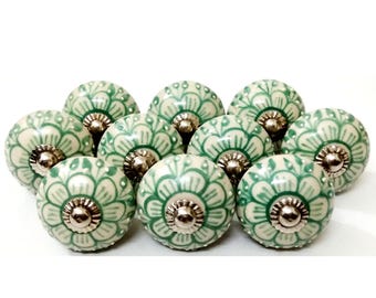 Handpainted Green Flower Ceramic Knobs, Furniture Hardware