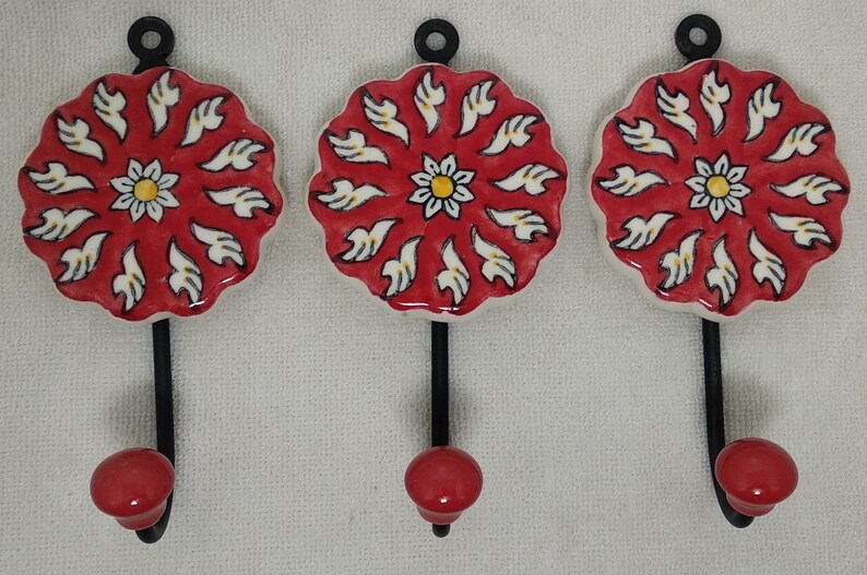 Lot of 3 Red Ceramic Hooks Handpainted Hooks Bathroom Hooks Decorative Hooks Kitchen Wall Hooks Coat Hangers Towel Hanger Colorful Hooks