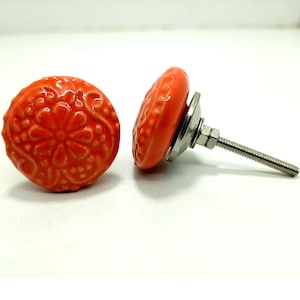Handpainted Orange Ceramic Knobs, Vintage Floral Hardware