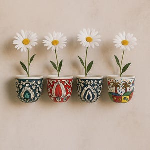 Pode incluir: Quatro pequenos vasos de cerâmica decorativos com flores de margarida. Os vasos são pintados com padrões intrincados em azul, vermelho e outras cores. As margaridas têm pétalas brancas e centros amarelos, com caules e folhas verdes.