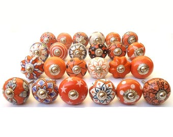 Handpainted Orange Ceramic Knobs, Mixed Design Drawer Pulls
