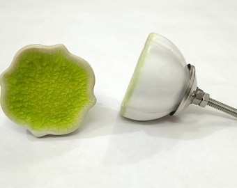Green Glass Ceramic Cabinet Knob: Handmade Drawer Pull