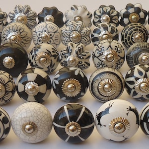 Black and White/Off White Assorted Ceramic Knobs Handpainted Ceramic Door Knobs Kitchen Cabinet Drawer Puller Pull Furniture Cabinet Knobs