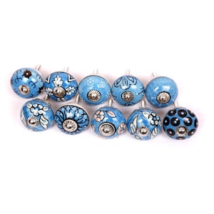 Sky Blue Ceramic Knobs, Hand-Painted Floral Drawer Pulls