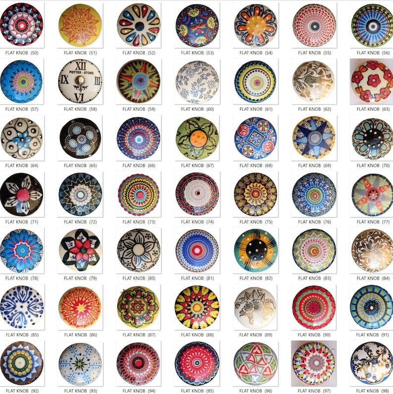 May include: A collection of decorative flat knobs with various colorful designs. The knobs feature floral, geometric, and abstract patterns in a variety of colors, including blue, red, yellow, and green. Each knob is labeled with "FLAT KNOB" and a number.