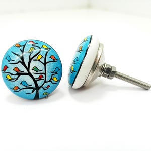 Handmade Ceramic Knob: Bird Tree, Colorful Drawer Pull