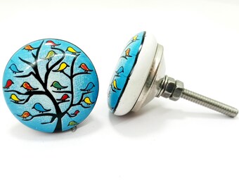 Handmade Ceramic Knob: Bird Tree, Colorful Drawer Pull