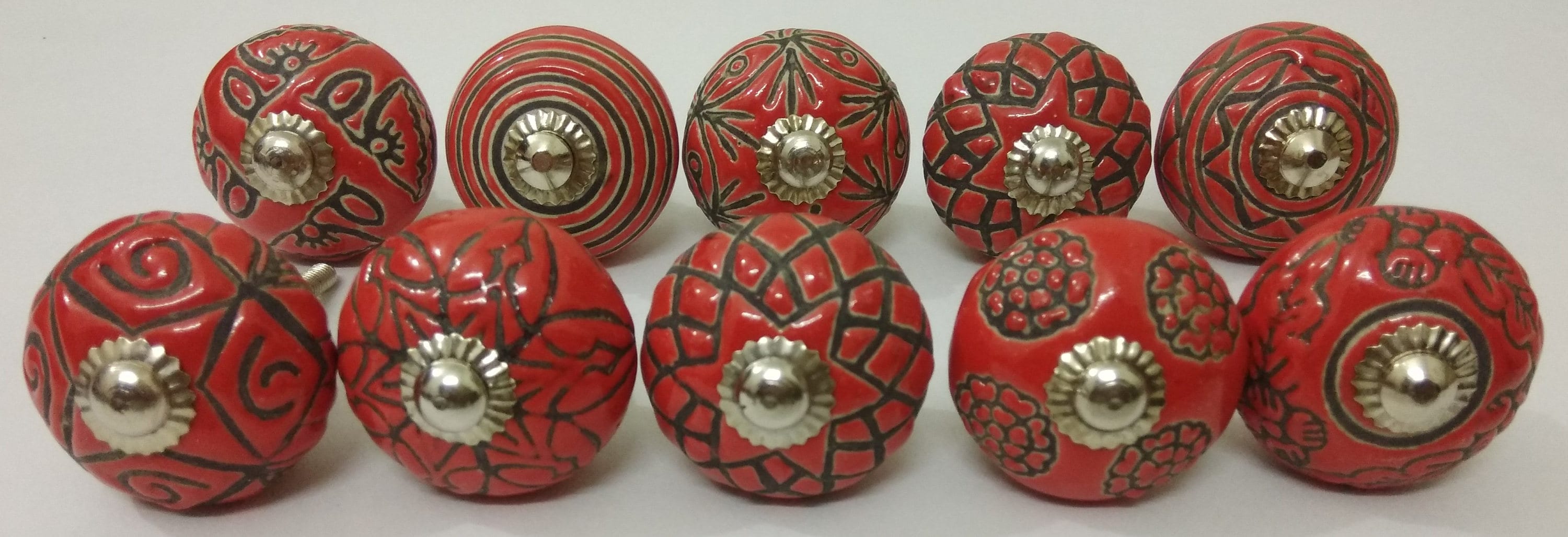Red Vintage Ceramic Knobs Hand Carved Kitchen Knobs Etsy