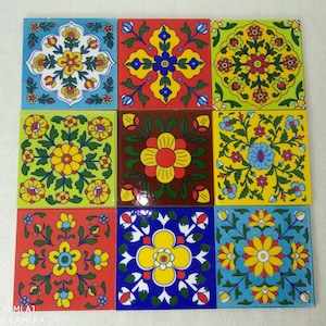 Assorted Multicolor Handpainted Ceramic Tiles Vintage Tiles India Ceramic Tiles Bathroom Tiles Decorative Tiles Handmade Tiles Size 4*4 Inch