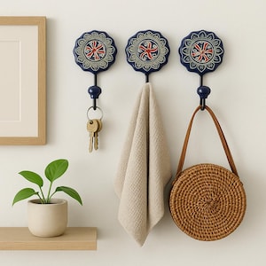 Blue Color Ceramic Wall Hooks Multi Color Handmade Handpainted Cabinet Metal Hanging For Towels Coat Umbrellas Cloths Scarves Hanger