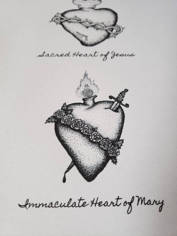 Sacred Heart Of Jesus And Immaculate Heart Of Mary Print In Original Pointillist Style Art