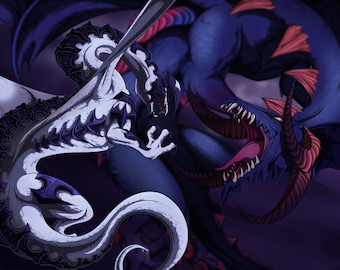 May include: A white dragon with black markings faces off against a blue dragon with red and purple markings. Both dragons have sharp teeth and claws, and their wings are spread wide. The background is a dark purple.