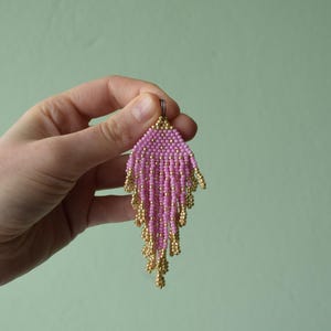 Pink Gold Beaded Fringe Earrings | Elegant Seed Bead Dangle Jewelry | Handmade Statement Earrings | Bridal Boho Gift