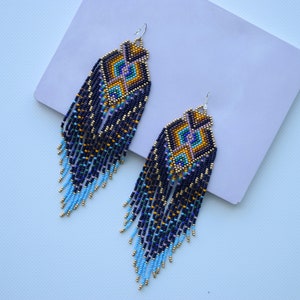 Bohemian beaded earrings, Rainbow earrings, Seed bead earrings, Statement earrings, Fringe earrings, Extra long earrings, Native style